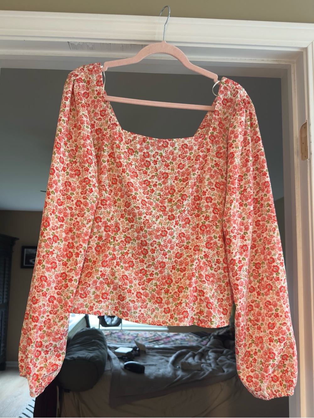 Lush Pink Floral Square-Neck Long Sleeve Blouse